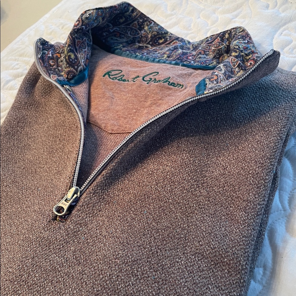 Robert Graham Taupe Quarter-Zip Sweater with Paisley Accent
